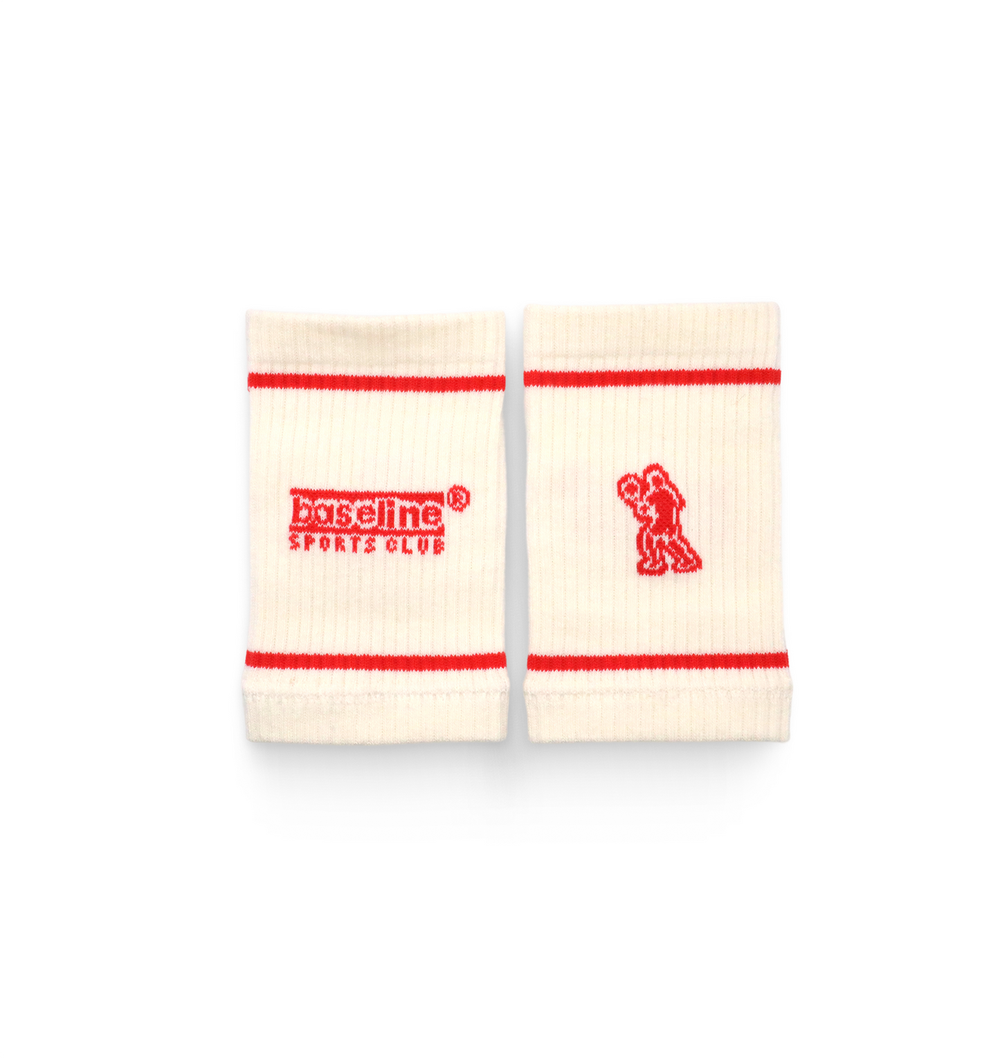Two cream-colored wristbands with red accents and logos on a white background