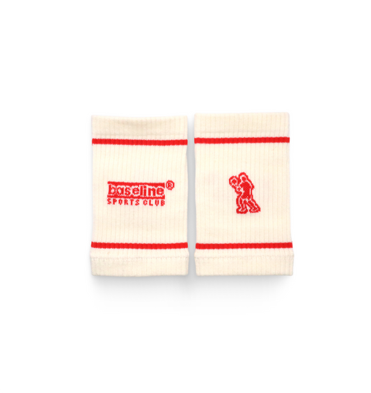 Two cream-colored wristbands with red accents and logos on a white background